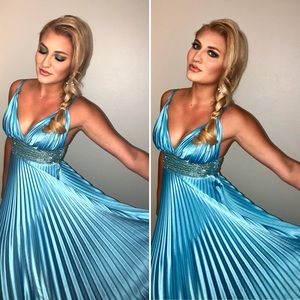 Jovani Blue Pleated Gown beaded with gold